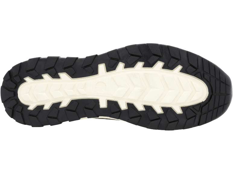 Schuhsohle mit schwarzen und beigen Traktionsmustern.