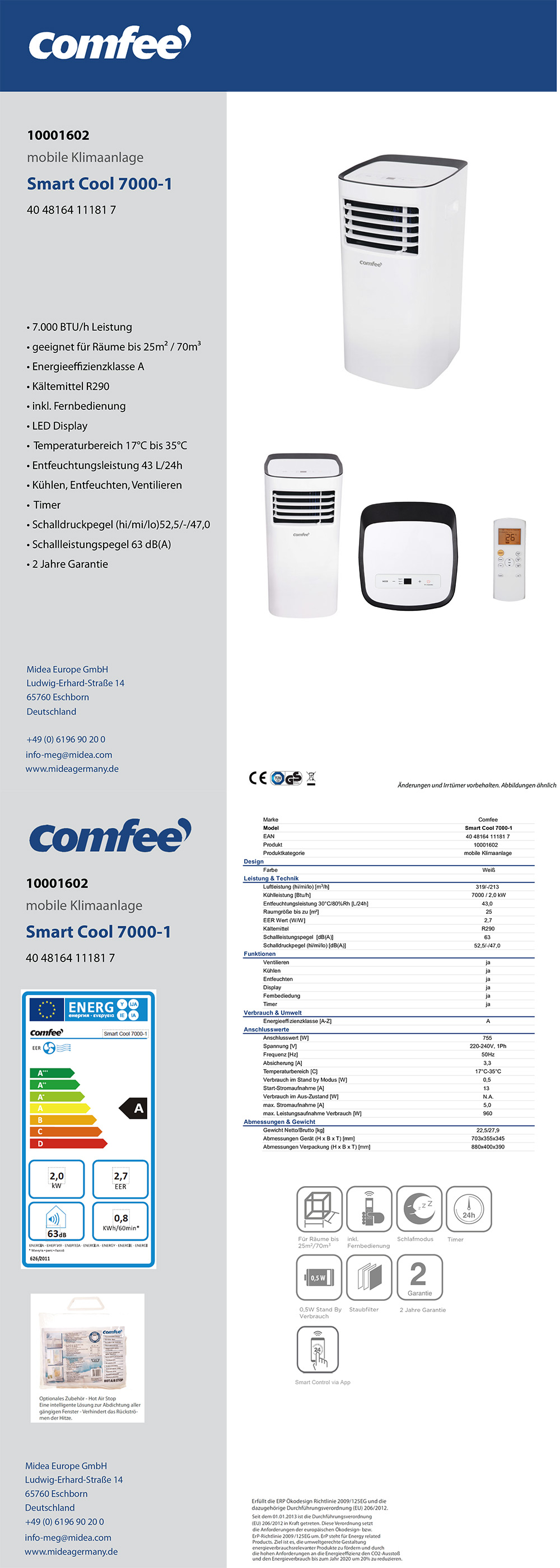 7000-1«, »Smart Comfee Klimagerät Mobiles 43 Cool l/Ta…