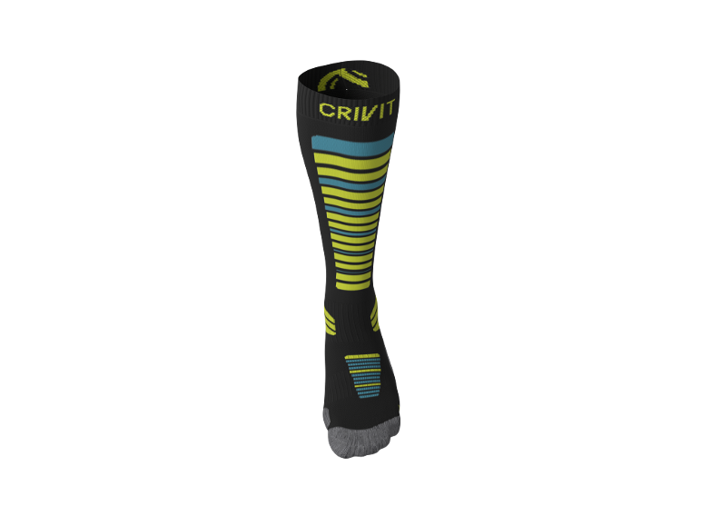 Schwarze Sportsocke mit gelben und blauen Streifen