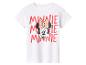 Weißes T-Shirt mit Minnie-Maus-Gesichtsdruck und dem roten Schriftzug „MINNIE“.