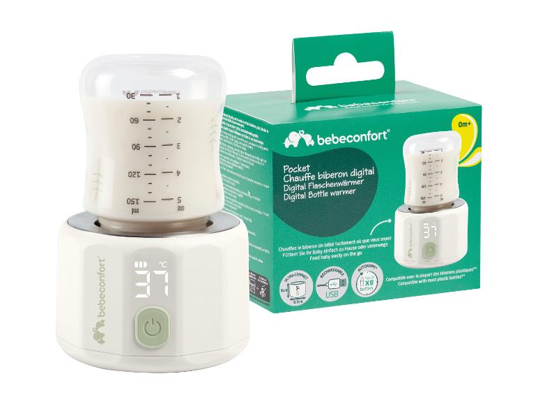 Digitaler Flaschenwärmer mit Flasche und Verpackung, zeigt 37°C an.