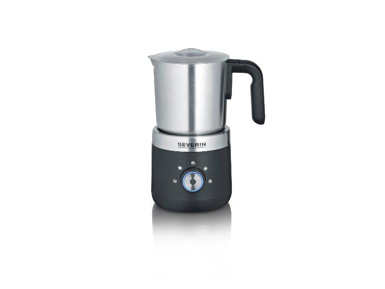 Severin Milchaufschäumer aus Edelstahl mit schwarzem Sockel und Bedienknöpfen