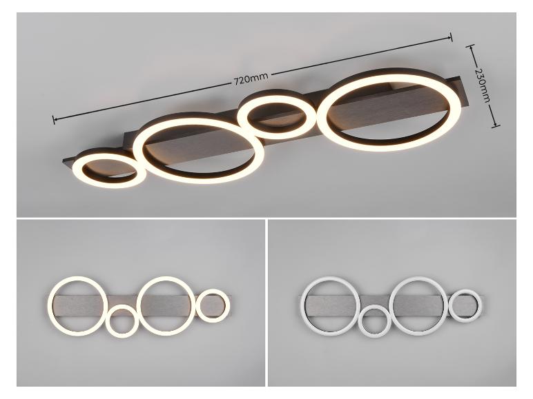 Moderne LED-Deckenleuchte mit fünf beleuchteten Ringen auf dunklem Rechtecksockel, 720x230mm