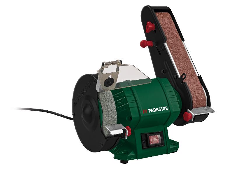 Grüner Tischschleifer mit Schleifscheibe und Band