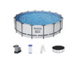 Bestway Steel Pro Max Pool mit Filterpumpe, Filterkartusche, Leiter und Abdeckung.