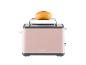 Rosa Toaster mit einem Brötchen auf dem Brötchenaufsatz.