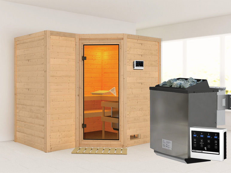 Gehe zu Vollbildansicht: Karibu Indoor-Sauna »Aspby«, Eckeinstieg, 9 kW Ofen - Bild 69