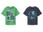 Zwei Minecraft Kinder-T-Shirts: ein grünes mit „GAME ON“ und ein dunkelblaues mit „I LOVE MINECRAFT“.