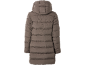 Rückenansicht einer braunen, gesteppten Longline-Pufferjacke mit Kapuze