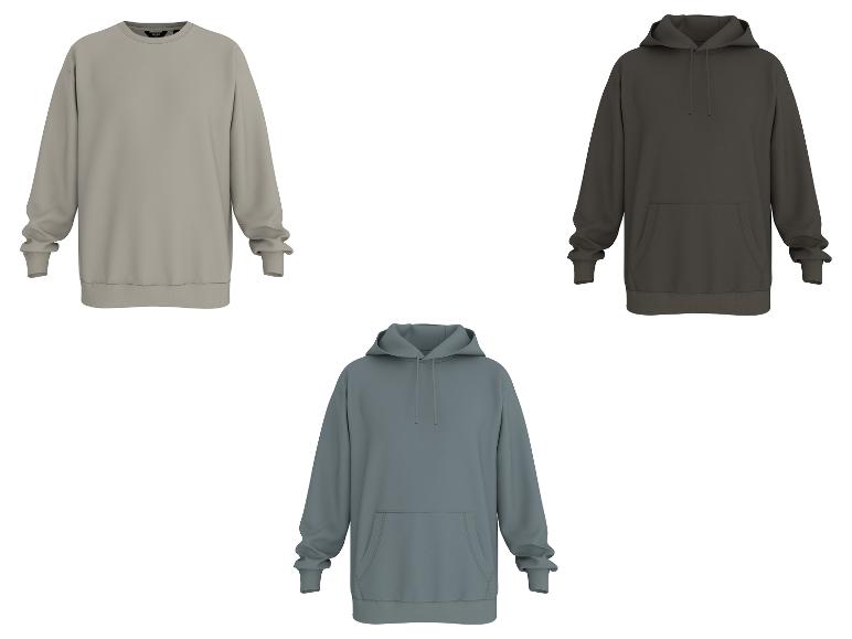Drei Sweatshirts und Hoodies in Grau, Dunkelgrau und Blaugrau.