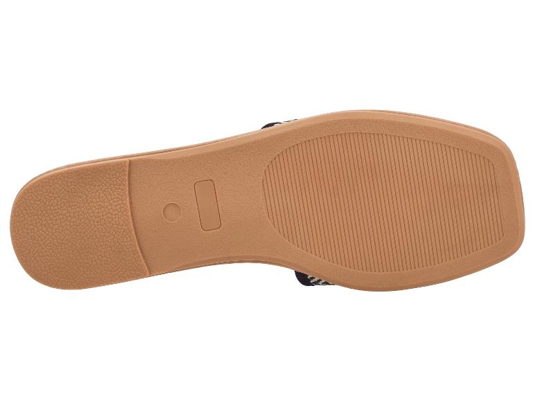 Braune flache Sandalensohle mit rutschfester Textur und Designdetails.