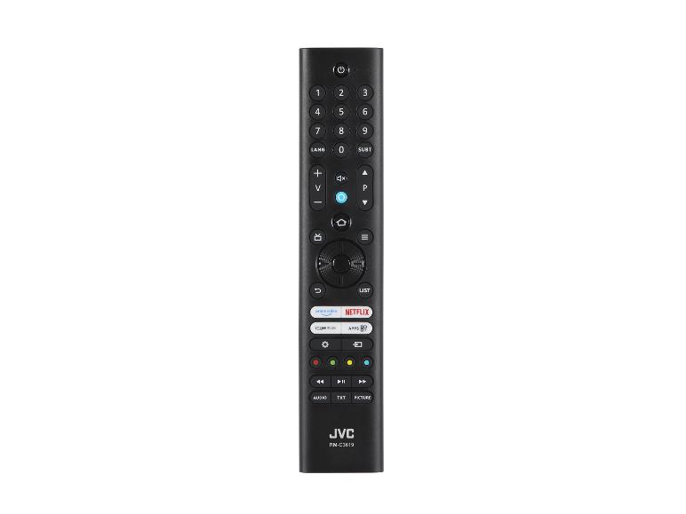 Schwarze JVC RM-C3619 Fernbedienung mit Netflix- und Prime Video-Tasten.