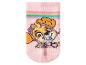 Rosa Kindersocke mit Welpenillustration und bunten Streifen.