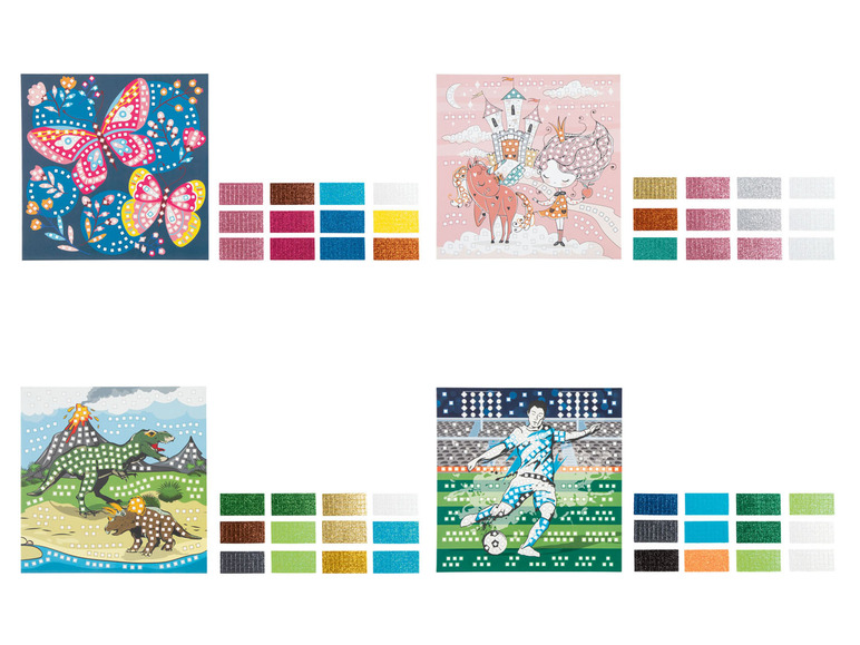Vier Diamant-Mal-Sets mit Motiven von Schmetterlingen, einer Prinzessin mit Einhorn, Dinosauriern und einem Fußballer.
