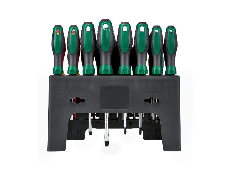 Schraubendreher-Set mit grünen und schwarzen Griffen, in einem schwarzen Halter.