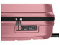 Ein rosafarbener Koffer mit einem TSA-Schloss.