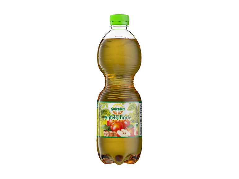Flasche Apfelschorle mit Etikett, das Äpfel und 60% Fruchtgehalt zeigt.