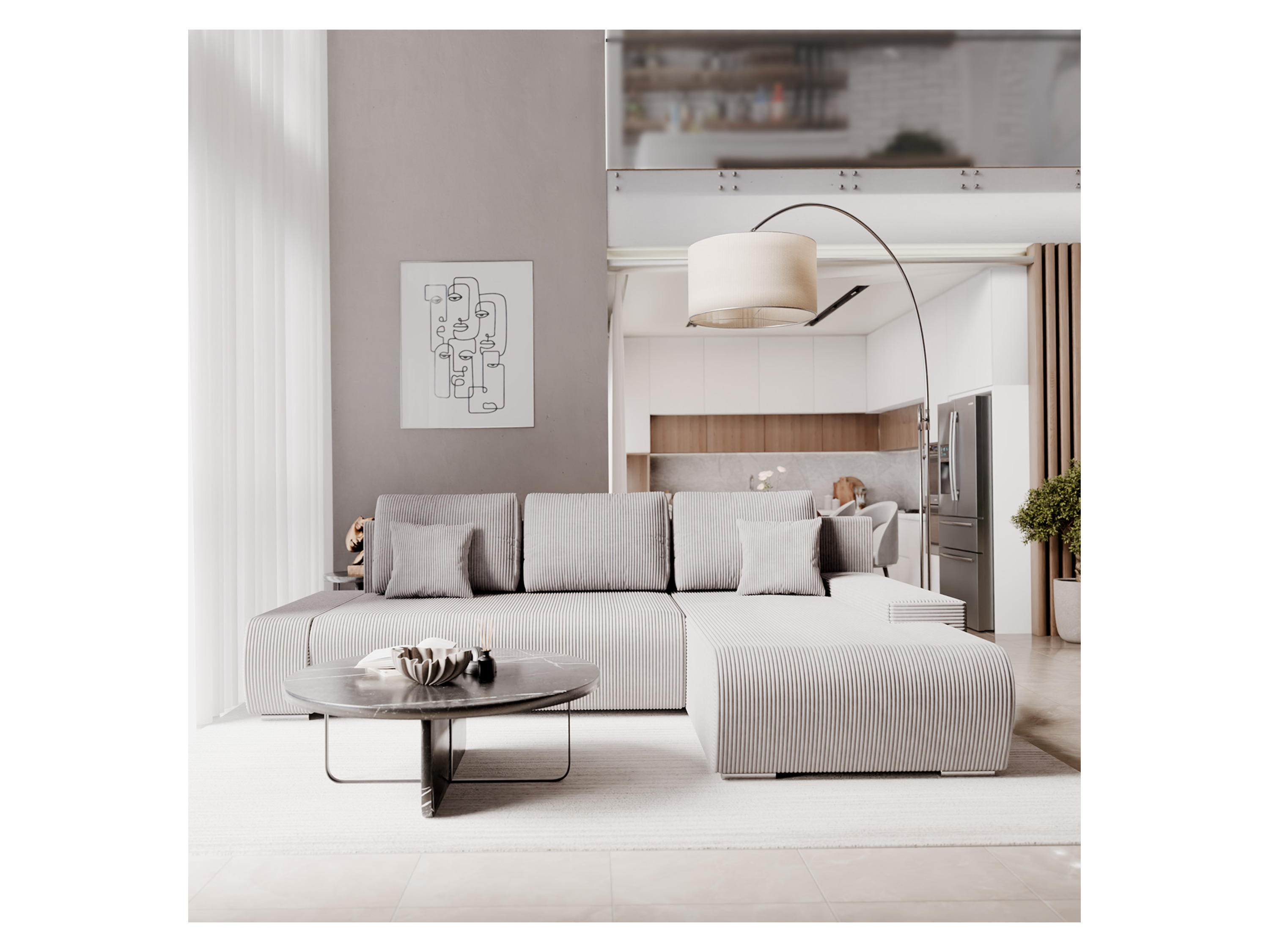 Thumbnail - Juskys Sofa Iseo mit Ottomane (Rechts, Hellgrau)