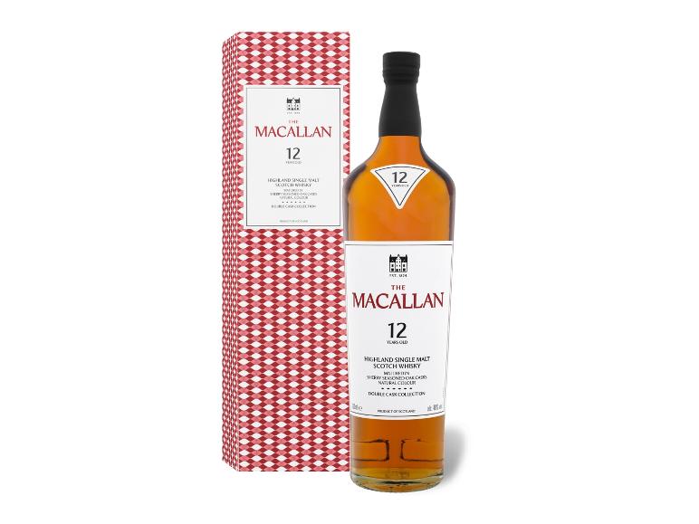 12 Jahre alter Highland Single Malt Scotch Whisky in Flasche und rot-weiß gemusterter Box.