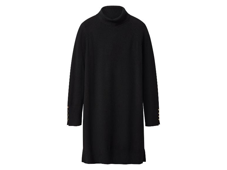Schwarzes Rollkragenpulloverkleid mit goldenen Knöpfen an den Manschetten