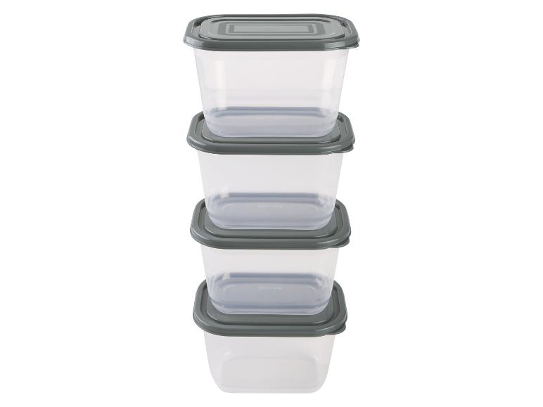 Stapelbare, transparente Plastik-Vorratsdosen mit grauen Deckeln.