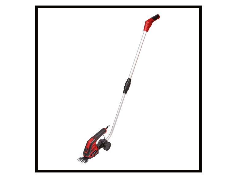 Rot-schwarze Akku-Grasschere mit Teleskopstiel.