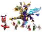 LEGO Ninjago Set mit zweiköpfigem Drachen, Ninja-Minifiguren und Feinden.
