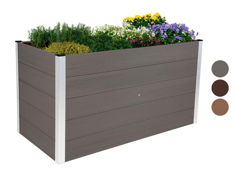 Hochbeet in Dunkelgrau mit verschiedenen Pflanzen und Blumen, mit Farbmustern.