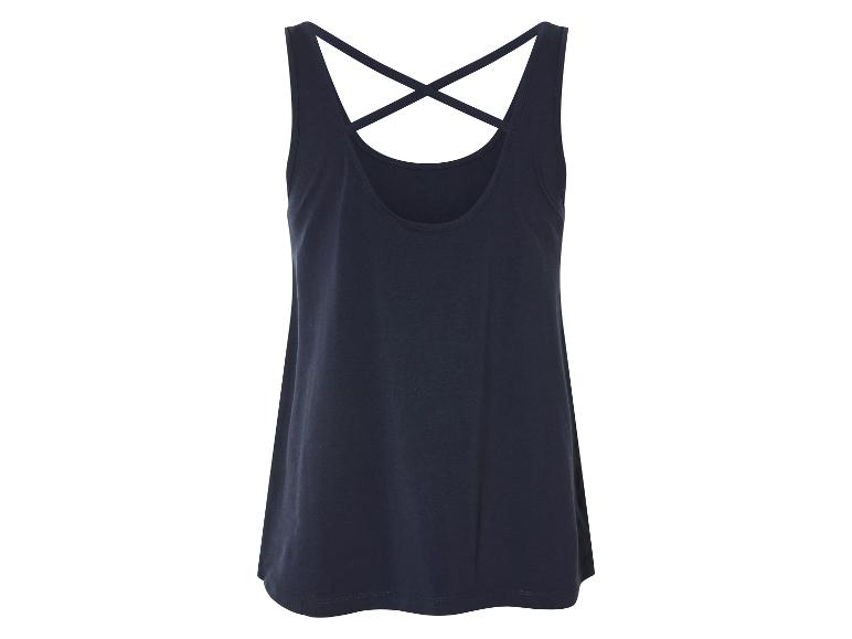Dunkelblaues, ärmelloses Top mit gekreuzten Trägern.