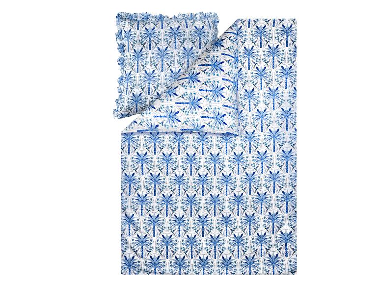 Bettbezug- und Kissenbezug-Set mit blauem Palmen- und Vogelmuster.
