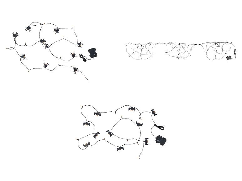 Halloween-Dekorationslichter in Form von Spinnen, Spinnennetzen und Fledermäusen.