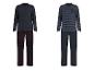 Zwei Herren-Pyjama-Sets: eines mit dunkelblauem Hemd und karierter Hose, das andere mit gestreiftem Hemd und dunkelblauer Hose.