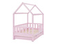 Ein rosa Kinderbett mit Hausdach und zwei Schubladen.