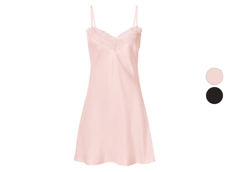 Rosa Satinnachthemd mit Spitze, in Rosa und Schwarz erhältlich.