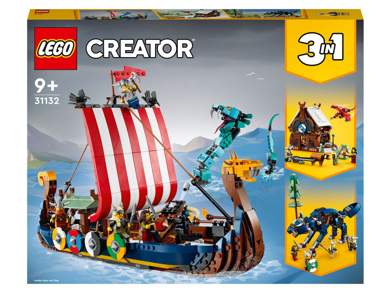LEGO Creator 3-in-1-Set mit einem Wikingerschiff, einem Drachen und einem Wolf