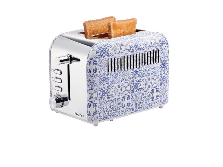 SilverCrest Toaster, blau-weißes Design, röstet Brot.