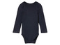 Ein dunkelblauer Baby-Body mit langen Ärmeln.