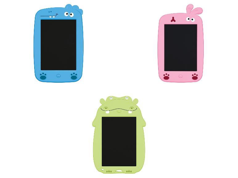 Drei bunte Kinder-Zeichentablets in Blau, Pink und Grün mit Tiermotiven.