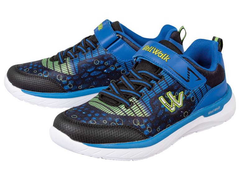 Blau-schwarze WellWalk Sneaker mit Schnürsenkeln und Klettverschluss.