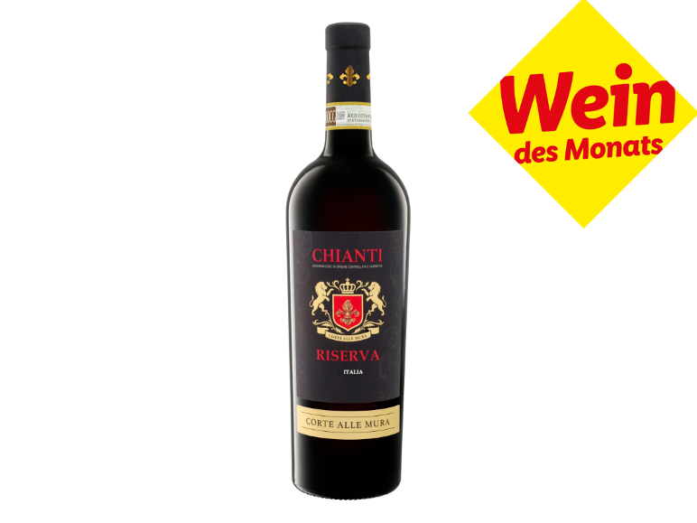 Flasche Rotwein mit Etikett „Chianti Riserva“ und dem Hinweis „Wein des Monats“.