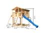Holzspielhaus mit blauer Rutsche und Schaukeln, 309 cm hoch, mit Maßen.