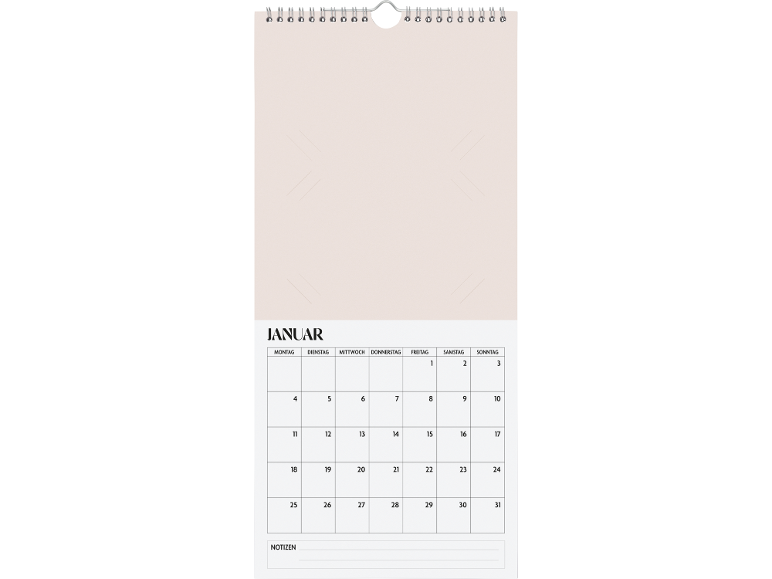 Wandkalender mit Januar-Layout und Platz für Notizen.