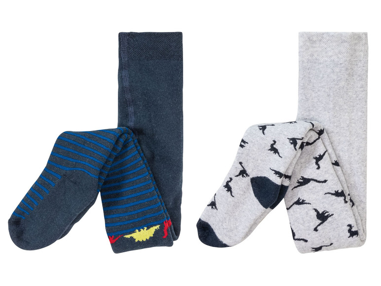 Zwei Paar Kinderstrumpfhosen, eine mit blauen Streifen und die andere mit Dinosauriern.