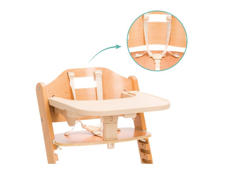 Holzhochstuhl mit Tablett und Sicherheitsgurt, mit vergrößerter Ansicht des Gurtes.