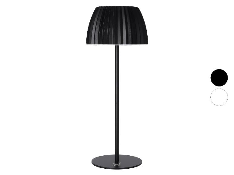 Schwarze Tischlampe mit plissiertem Schirm und rundem Fuß, mit schwarzen und weißen Farboptionen.
