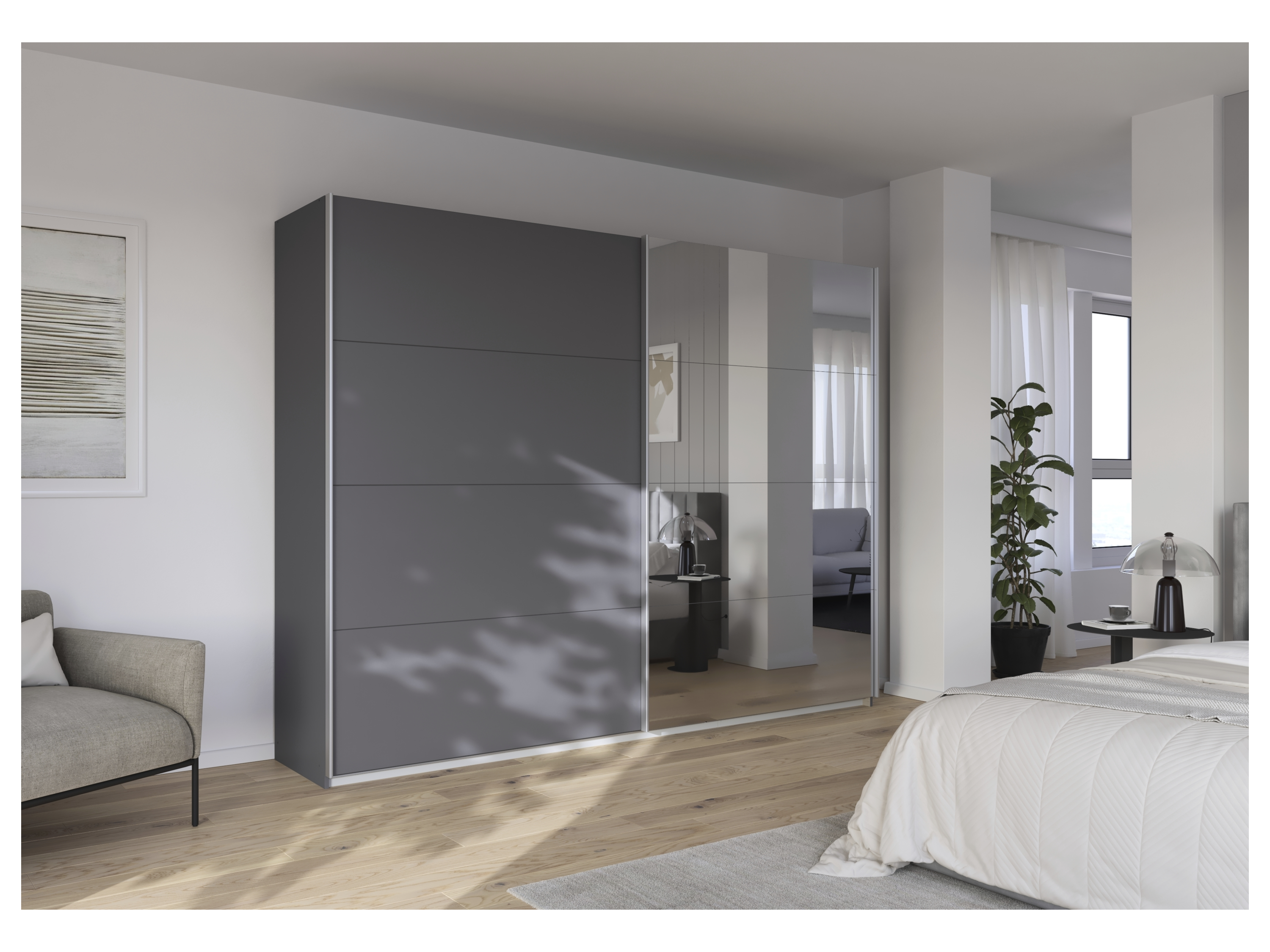 RAUCH ORANGE Quadra Schwebetürenschrank mit Spiegelelementen (Premium-Zubehör, Korpus: Graumetallic, 271 x 210 cm) – Bild 2 von 4