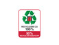 Ein Recycling-Symbol mit einem Eimer, 100% recycelbar, 50% recycelter Kunststoff.