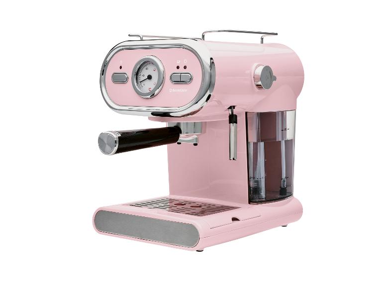 Rosa Espressomaschine im Retro-Stil mit Manometer und Dampfdüse.