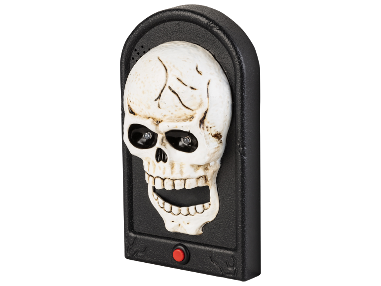 Halloween-Dekoration in Form eines Schädels mit leuchtenden Augen und rotem Knopf.
