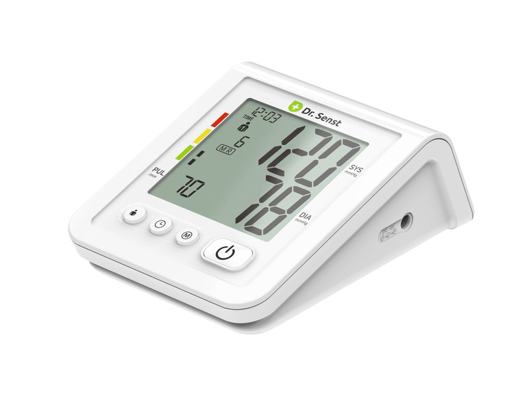 Ein weißer Blutdruckmessgerät von Dr. Senst mit digitalem Display.